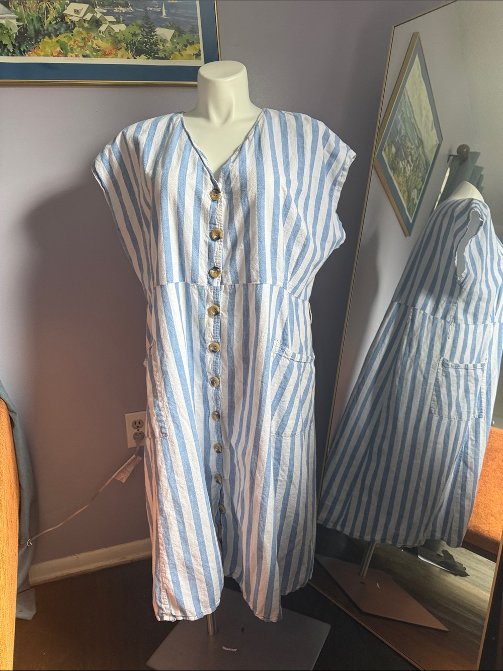 Nina Leonard Light Blue & White Striped Button-Front Midi Dress